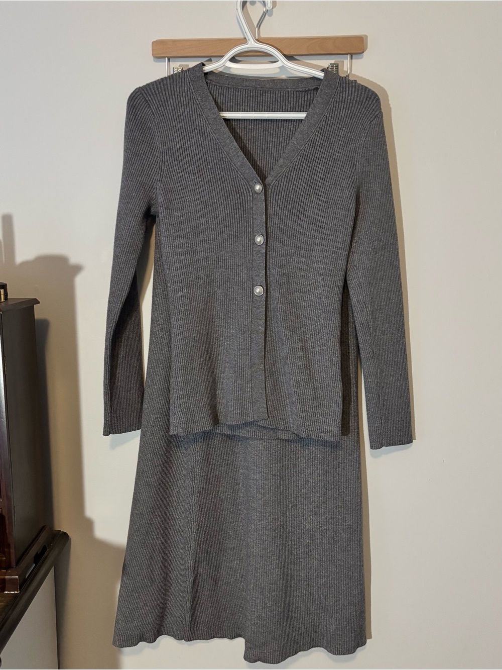 Gray Ribbed Knit Cardigan & Skirt Set - Women's Dress